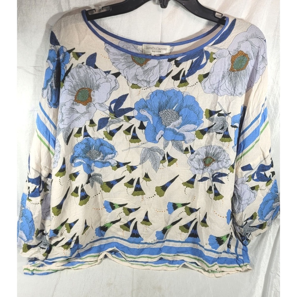 John Paul Richard Women's 100% Rayon 3/4 Sleeves Blue Floral Blouse - L Petite